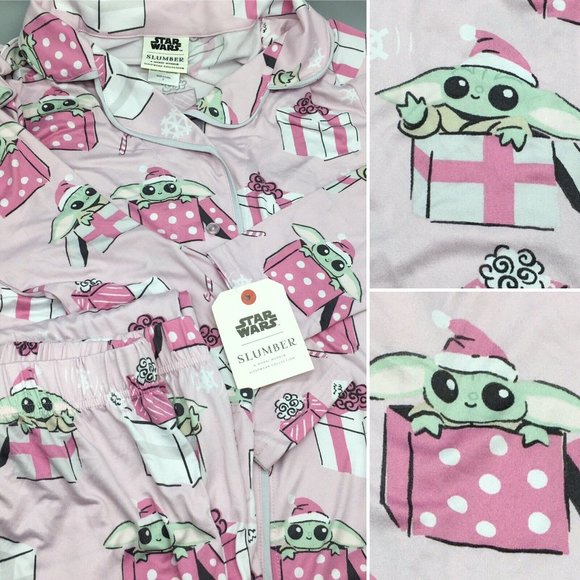 2pc Slumber Munki Christmas Baby Yoda Women Pajama Set Pink Santa Hat Snow S M L - Picture 1 of 11
